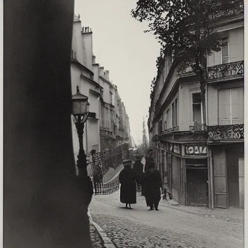 Image similar to 1 9 1 0, paris street scene, montmartre steps, photograph, style of atget, old, creepy