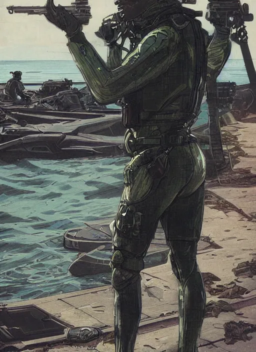 Prompt: Chidi. USN blackops operator emerging from water at the shoreline. Operator wearing Futuristic cyberpunk tactical wetsuit and looking at an abandoned shipyard. Frogtrooper. rb6s, MGS, and splinter cell Concept art by James Gurney, Alphonso Mucha. Vivid color scheme.