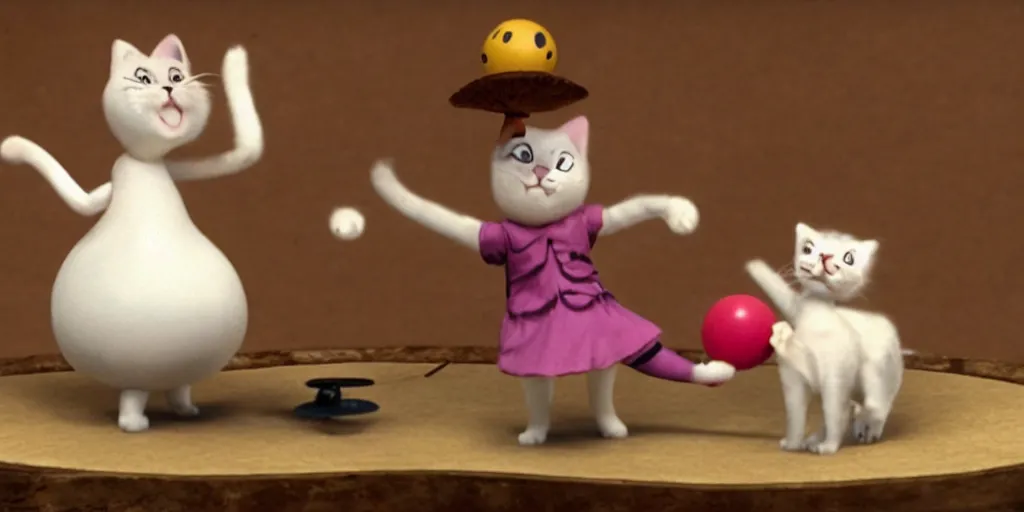 Image similar to a cat playing the fiddle and dancing on top of a round ball made of Swiss cheese, in the style of claymation