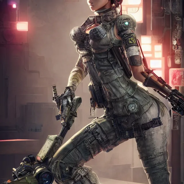 Image similar to the portrait of lawful neutral female cyberpunk marine sniper as absurdly beautiful, gorgeous, elegant, young gravure idol, an ultrafine hyperdetailed illustration by kim jung gi, irakli nadar, intricate linework, bright colors, octopath traveler, final fantasy, unreal engine 5 highly rendered, global illumination, radiant light, detailed and intricate environment