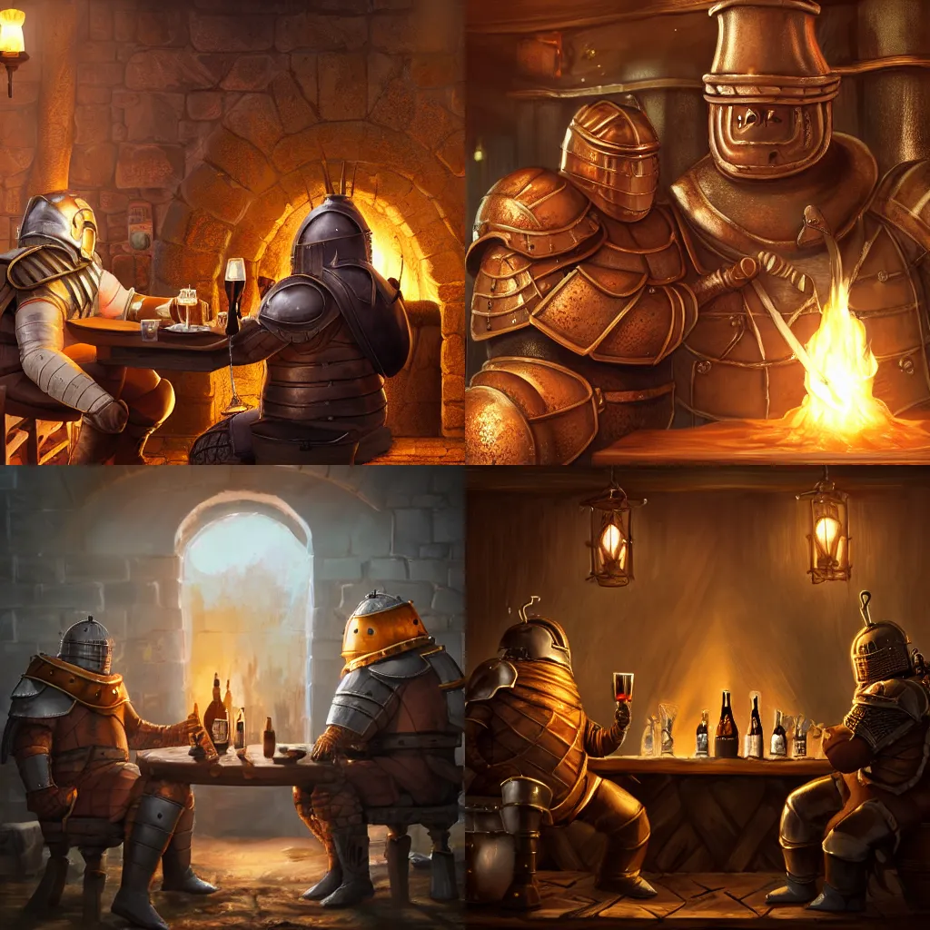 Prompt: Siegmeyer of Catarina having a beer with Domhnall of Zena in a undead tavern, warm lighting, fireplace, godrays, trending on artstation, 4k