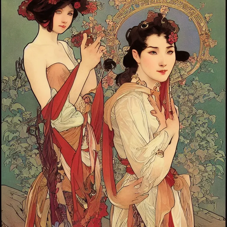 Image similar to beautiful women with oriental faces, character portrait, sharp, digital matte painting, art by alphonse maria mucha