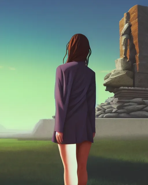 Image similar to a painting of a real woman standing in front of a huge stone statue, a screenshot by stanley twardowicz, cgsociety, aestheticism, aesthetic, vaporwave, anime aesthetic