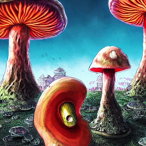 Image similar to a centered chest up portrait of a psychedelic demonic anthropomorphic mushroom smoking a hand - rolled cigarette smoking heavily, magic mushroom village in background. award winning. superb resolution. in the art style of junji ito and greg rutkowski. detailed mushroom city in background. hyper realistic anime. perfect art. dalle 2