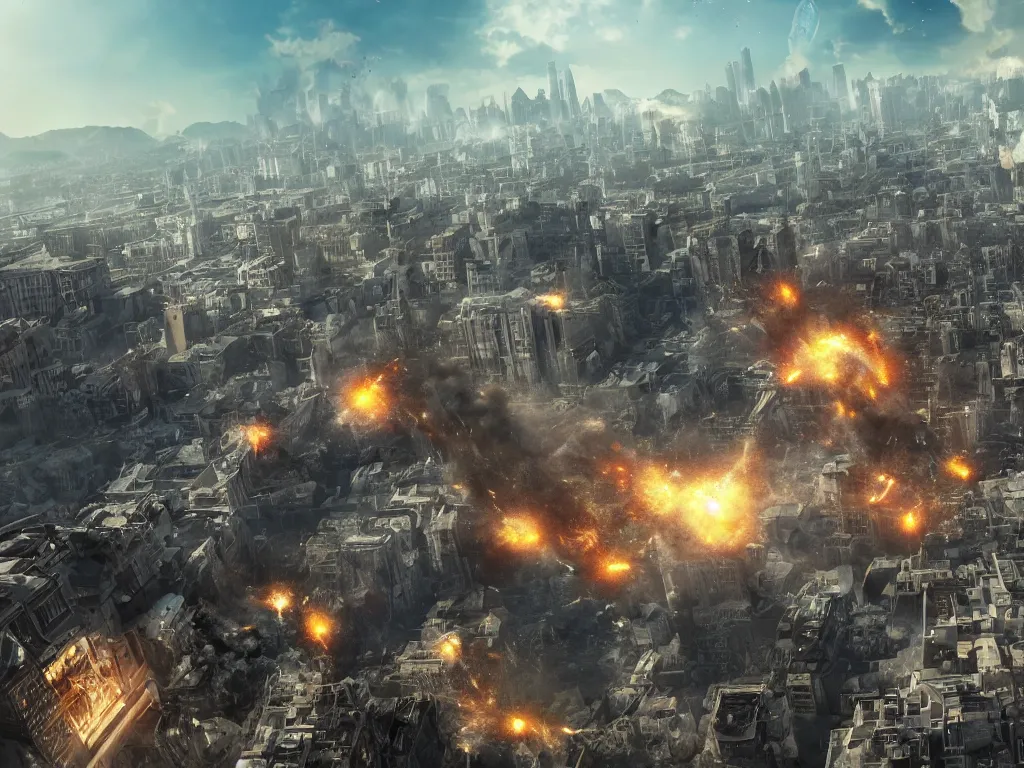Image similar to city is being destroyed by a falling meteor, view from above, explosion, shreds, ruins, global illumination, hyperrealistic, volumetric lighting, epic cinematic shot, perfectly defined features, ambient occlusion
