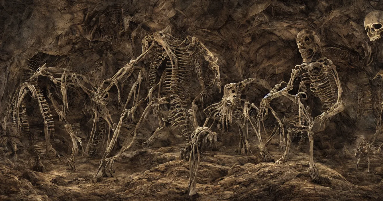 Prompt: futuristic archaeologist excavating buried huge alien skeleton hidden in deep dark mud, deep sense of horror atmosphere, visual fidelity and plasticity, deep depth, defocus, digital art, in style of franklin booth, v - ray shading, ray - tracing, ray - marching