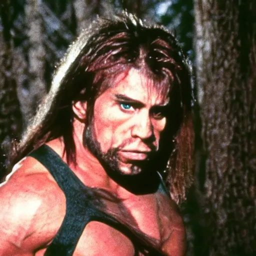 Prompt: the ultimate warrior pro wrestler in the blair witch project, movie still,