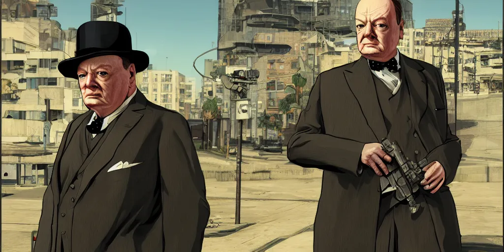 Prompt: winston churchill in gta v, cover art by stephen bliss, boxart, loading screen, 8 k resolution