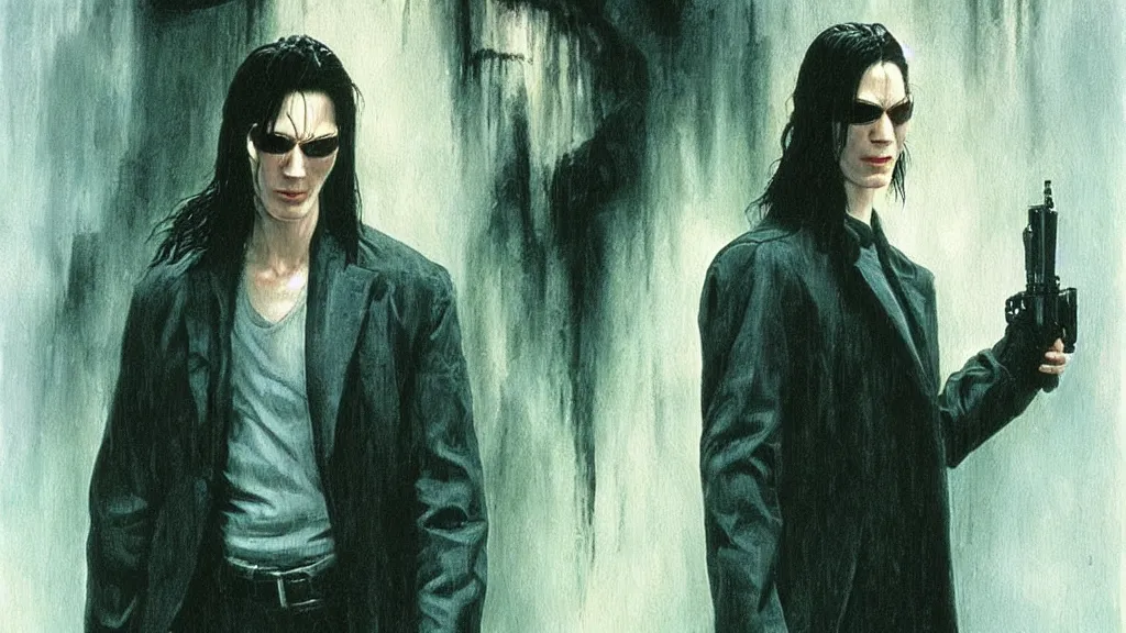 Image similar to an oil painting in the style of alan lee depicting neo from the movie the matrix ( 1 9 9 9 )