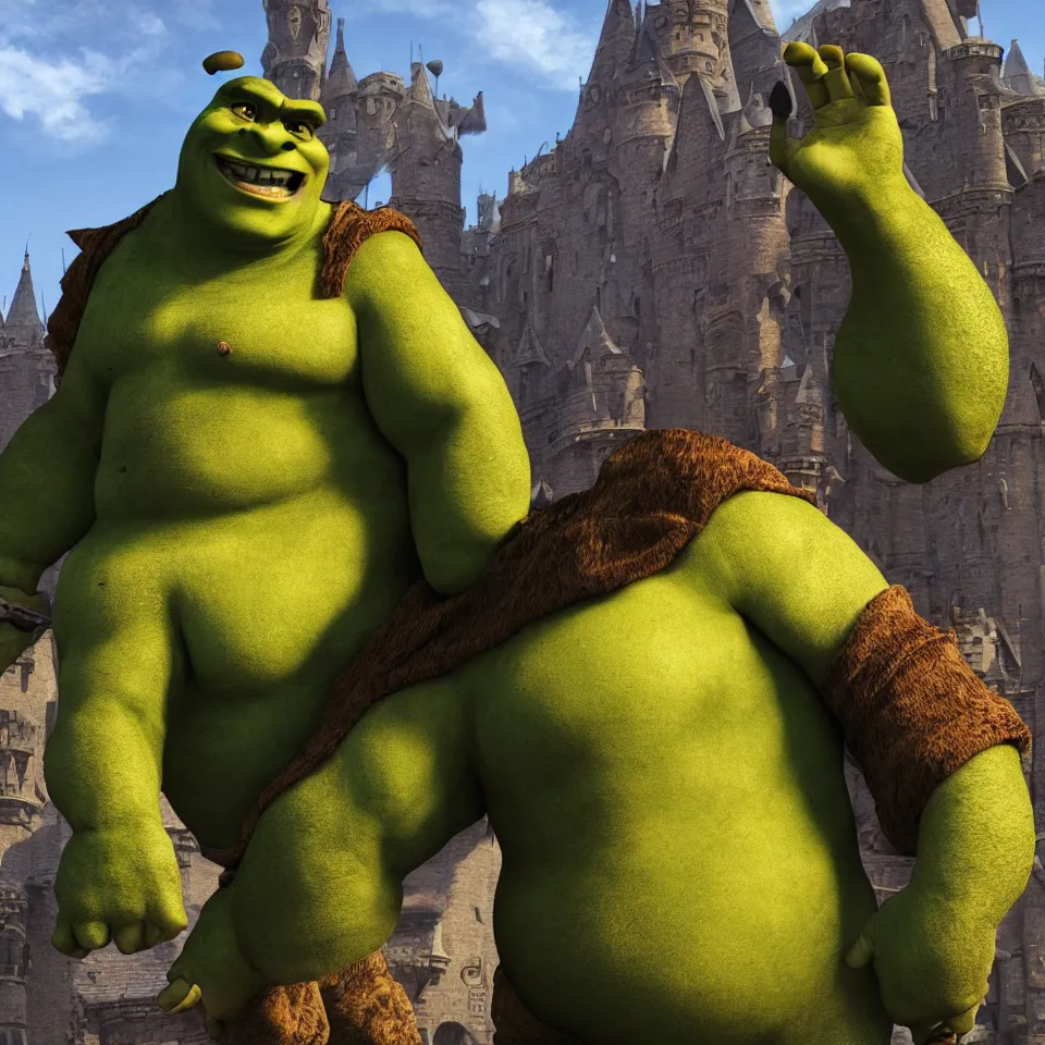 Image similar to Giga Chad Shrek, medium shot, highly detailed