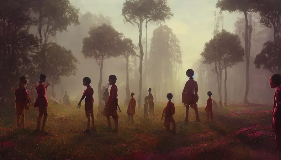 Image similar to kerala school kids wearing gender neutral uniform posing for a photo, an epic fantasy, dramatic lighting, cinematic, establishing shot, extremely high detail, photorealistic, cinematic lighting, artstation, matte painting by simon stalenhag, horizon forbidden west