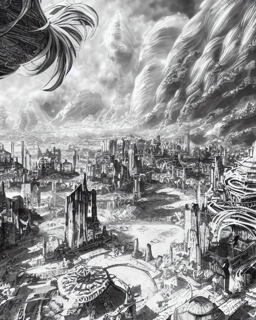 Image similar to the ivory fields, city of desert, buildings, black and white, environment art, fantasy art, landscape art, in the style of masami kurumada, illustration, epic, fantasy, intricate, hyper detailed, artstation, concept art, smooth, sharp focus, ray tracing