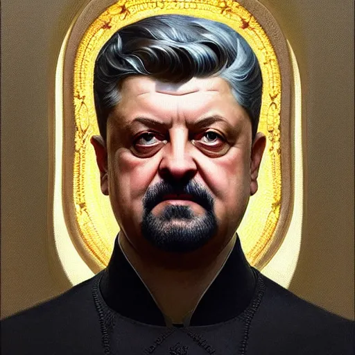 Image similar to symmetry!! intense portrait of petro poroshenko without beard and mustache, saint, intricate, elegant, highly detailed, my rendition, digital painting, artstation, concept art, smooth, sharp focus, illustration, art by artgerm and greg rutkowski and alphonse mucha