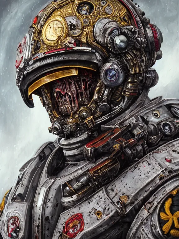 Image similar to portrait art of 8k ultra realistic undead space marine , intricate high tech helmet , detailed intricate ornate space suit,decaying, cybernetic, full of colour, cinematic lighting, battered, trending on artstation, 4k, hyperrealistic, focused, extreme details,unreal engine 5, cinematic, masterpiece, art by ayami kojima, giger