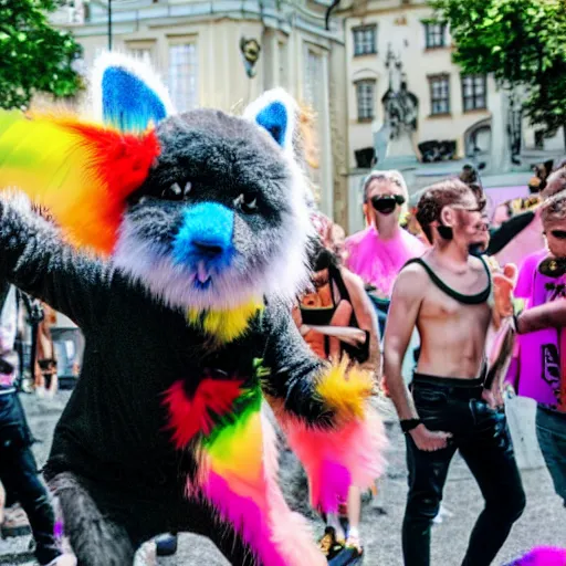 Image similar to a furry dancing to techno at a pride event in Prague, 4K photograph, National Geographic photo