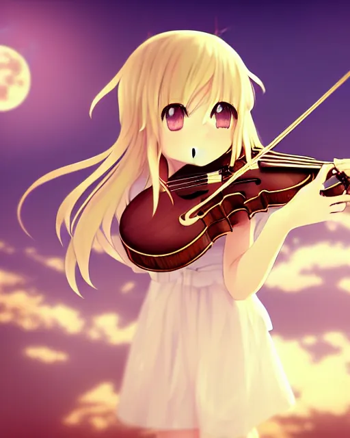 Prompt: anime style, chibi, full body, a cute girl with white skin and golden long wavy hair holding a violin and playing a song, heavenly, stunning, filters applied, lunar time, trending art, sharp focus, centered, landscape shot, happy, fleeting dream, simple background, studio ghibly makoto shinkai yuji yamaguchi, by wlop