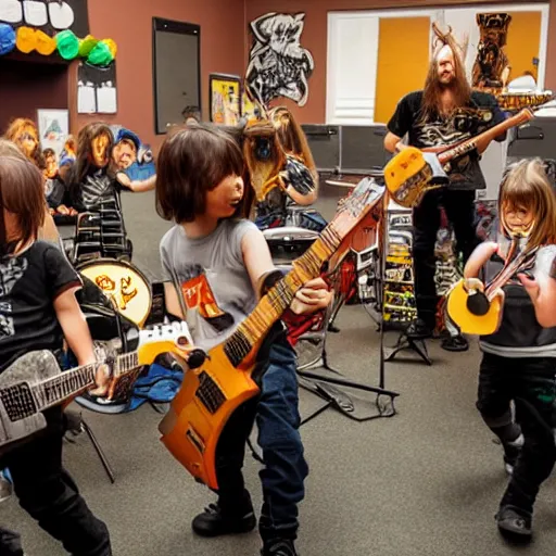 Prompt: of an heavy metal band playing in a kindergarten, highly detailed, realistic