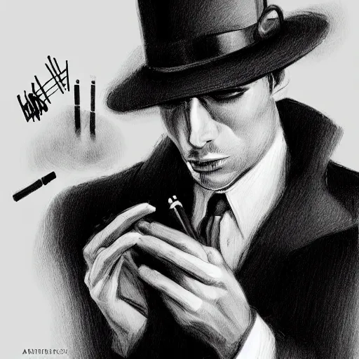 Prompt: noir detective wearing fedora and smoking a cigarette, raining, Artwork by Artgerm