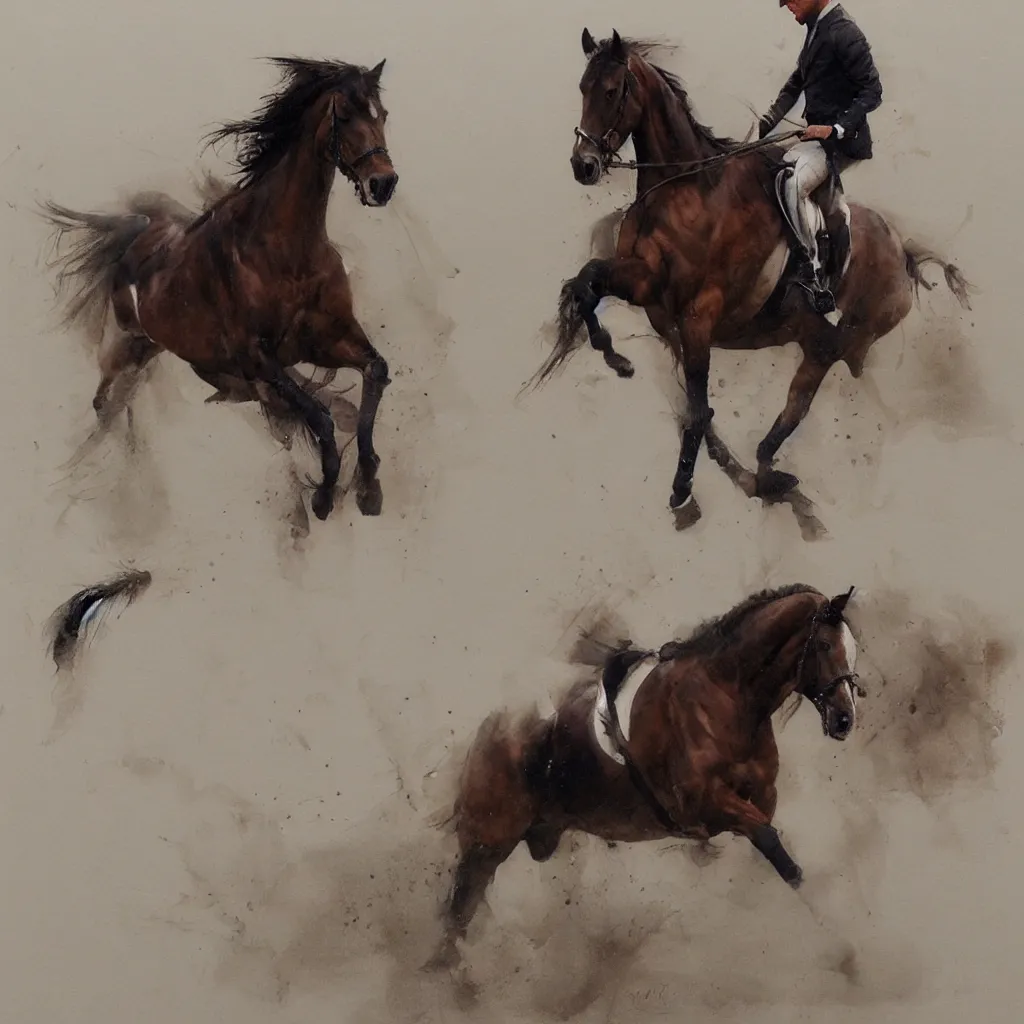 Prompt: a horse doing dressage by zhaoming wu, nick alm, watercolor