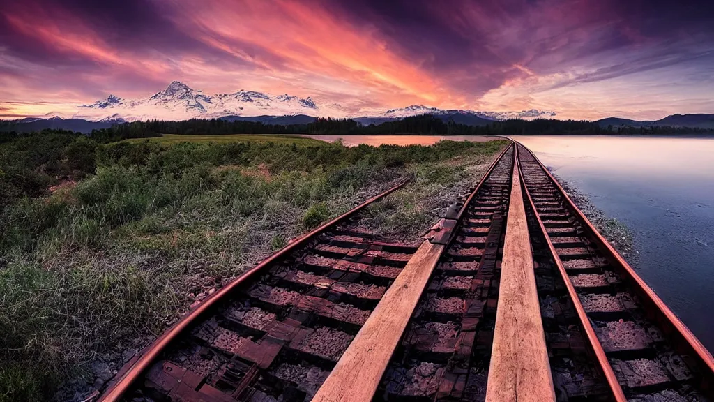 Prompt: amazing landscape photo of a lonely train track over a lake in sunset by marc adamus, beautiful dramatic lighting