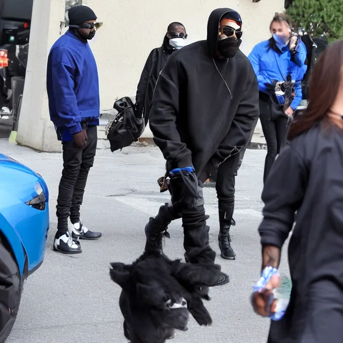 Image similar to paparazzi photo of kanye west using a black face - covering mask made of cloth with small holes, a blue puff undersized round jacket, a black shirt underneath and black rubber boots, paparazzi, detailed,