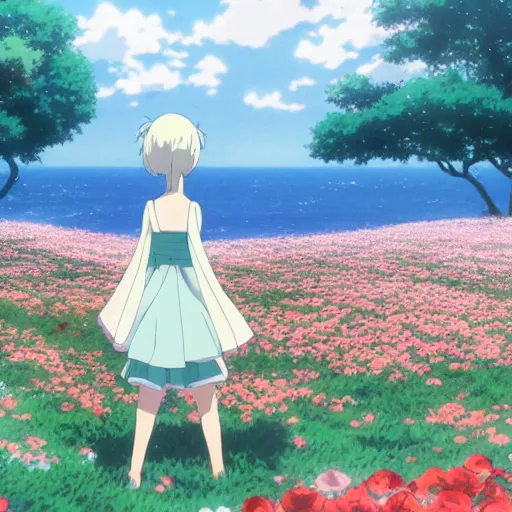 Image similar to the back view of an anime girl with medium and long hair standing in the sea of roses, relaxing, calm, cozy, peaceful, by mamoru hosoda, hayao miyazaki, makoto shinkai