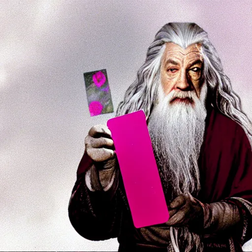 Image similar to portrait of gandalf, wearing a large pink hairclip, holding a blank playing card up to the camera, movie still from the lord of the rings