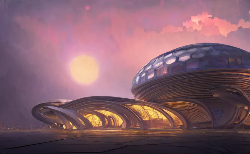 Image similar to exterior shot of utopian architecture building with cinematic lighting by zaha hadid and renzo piano, darek zabrocki and greg ruthkowski, alphonse mucha, simon stalenhag, cinematic, stars, beautiful, holy place, paradise, scifi, futurism, atmospheric, sunset, concept art, artstation, trending on artstation