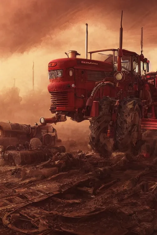 Image similar to a highly detailed beautifuly rendered, tractor that pulls a tank, thick dust and red tones, bladerunner, cyberpunk, lost city, hyper - realistic environment, epic concept art