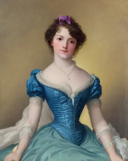 Prompt: regency portrait en buste of annasophia robb violet beauregarde leslie burke by Hughes Merle, by Pierre Auguste Cot, perfectly detailed eyes, realistic fabric, abundant detail