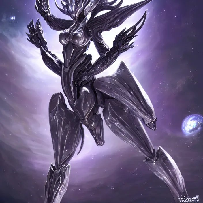 Image similar to goddess shot, galactic sized stunning beautiful anthropomorphic robot mecha female dragon, in space, larger than planets, posing elegantly, the earth a mere marble in her claws, detailed silver armor, epic proportions, epic scale, detailed digital art, ultra detailed, furry art, macro art, dragon art, giantess, warframe fanart, furaffinity, deviantart, realistic