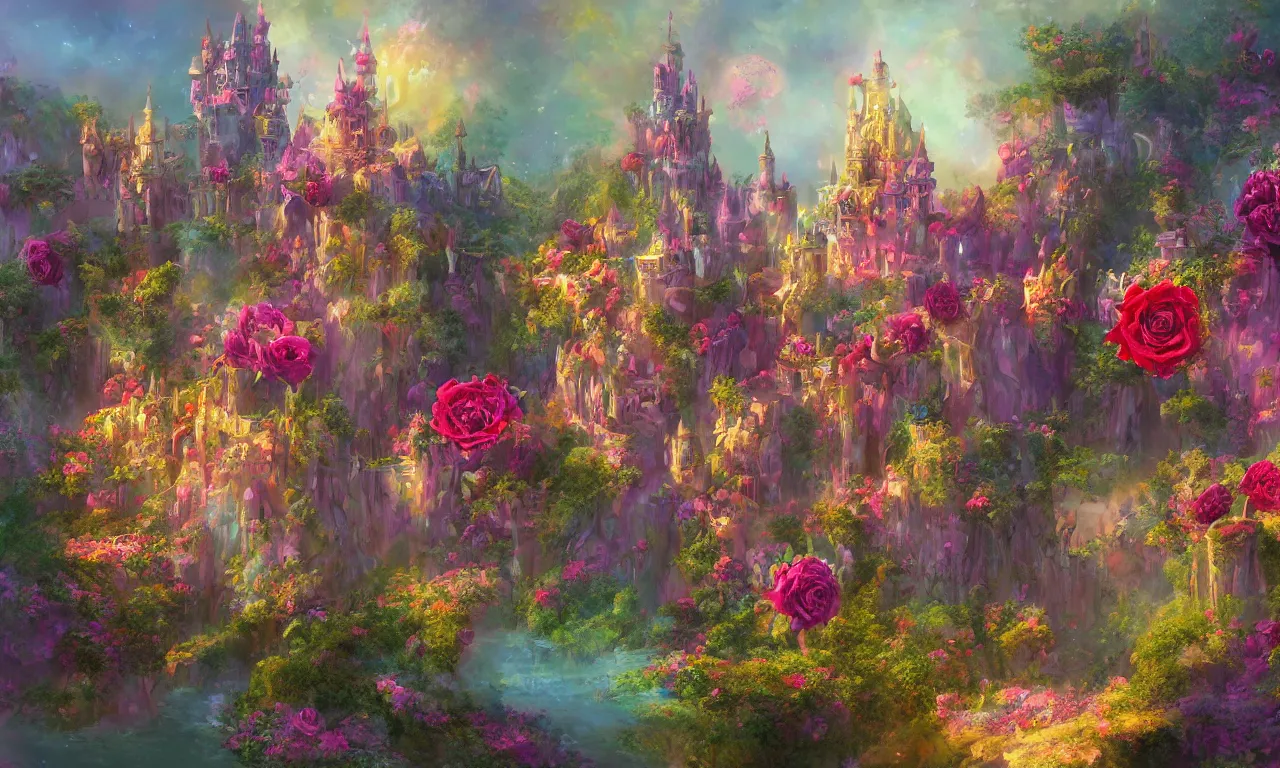 Image similar to concept art of the colorful rose castle, spectacular, magnificent, fantasy, by georgia hart and osnat fine art,