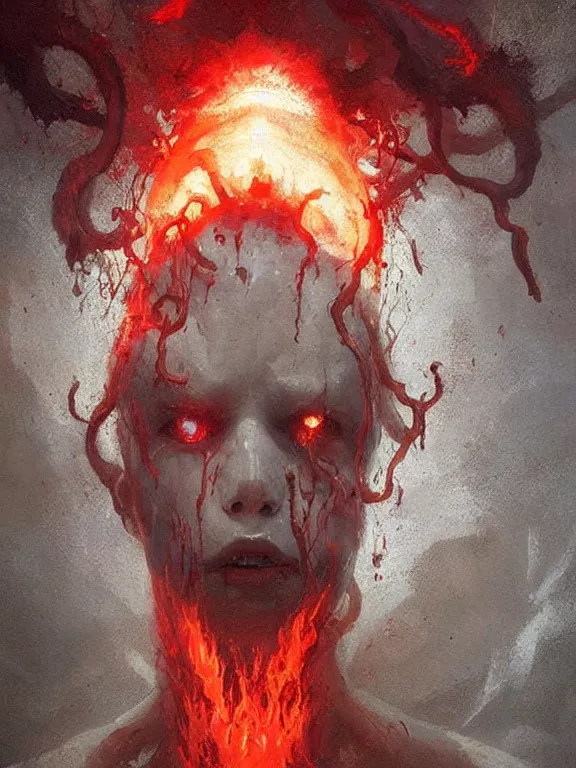 Image similar to painting by greg rutkowski a flying human head with tears running down it's face face that is chalk white in color, with long white!! tentacles!! coming out of the neck, fiery scorching red eyes, flying in a terrying hellish dark cavernous place