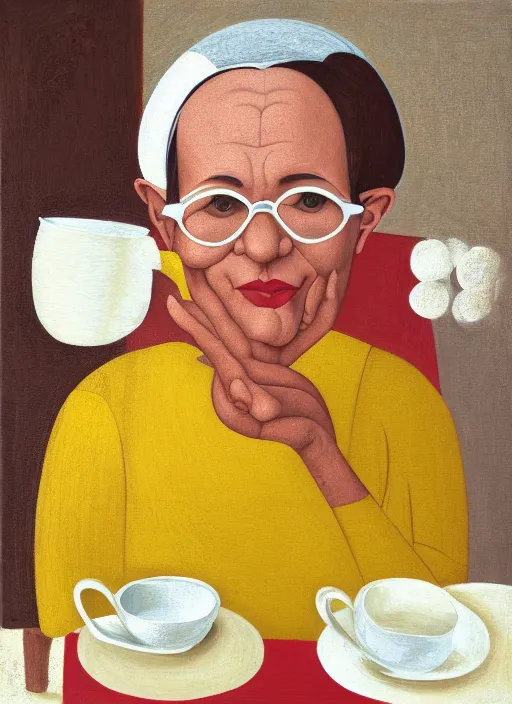 Prompt: portrait of middle aged woman sitting in a table with a hot cup of tea, small wide smile, mandel eyes, glasses, smooth skin, small plump lips, oval face, wrinkled big cheeks, calming white background of a kitchen with yellow flowers, cheerful colours, oil painting, artstyle of michelangelo