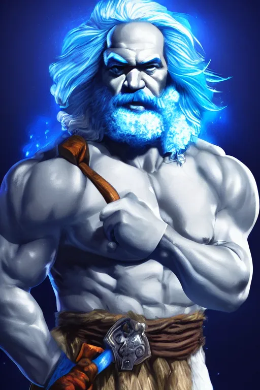 Prompt: character portrait of buff barbarian karl marx with shining blue body painting, dungeons and dragons cover artwork, dynamic composition, dramatic lighting, trending on artstation, award winning art, stylized painting, concept art, 4 k, 8 k