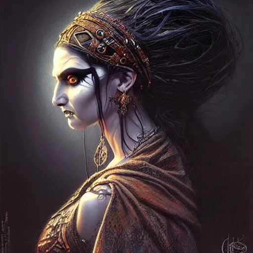 Prompt: portrait of a gypsy queen grim dark, dark, piercing eyes, exotic expression, esoteric clothing, photorealistic, highly detailed, mysterious lighting, artstation, smooth, sharp focus, art by michael whelan, artgerm, greg rutkowski and luis royo