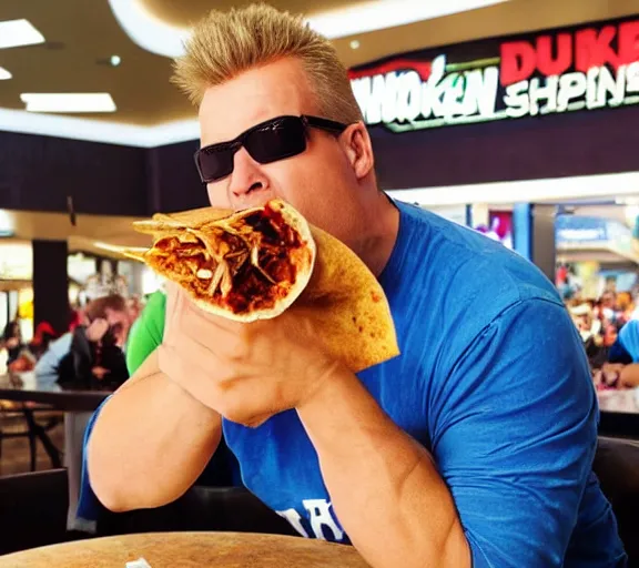 Image similar to duke nukem eating a burrito in a shopping mall