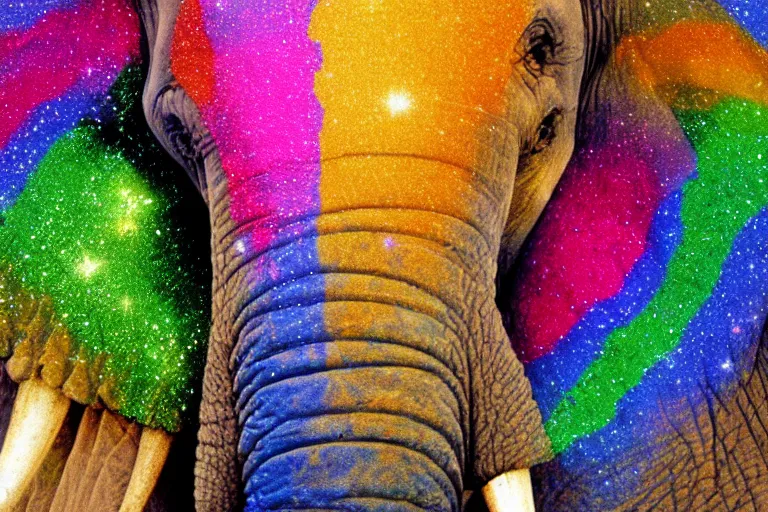 Prompt: an photorealistic picture of an elephant that farts glitter in the colors of the rainbow