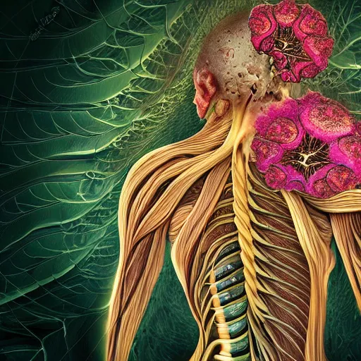 Image similar to a beautiful detailed photo of a rotten woman corpse slash in a half morphing into fractal plants and fractal flowers and mushrooms, muscles, veins, anatomical, intricate, ornate, volumetric light, beautiful lit, romero ressendi