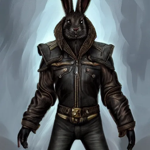 Prompt: trending on furaffinity, digital art, highly detailed, digital fantasy art, furaffinity, favorite, character art, a bunny with a small head wearing a fine intricate leather jacket and leather jeans and leather gloves