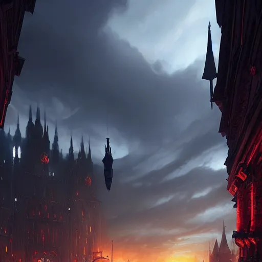 Image similar to beautiful fantasy city made from black stone and red iron, medieval city, metropolis, dark gorgeous clouds, black marble, lava, digital art, landscape, fantasy art, octane render, unreal engine, high detail, very realistic, by greg rutkowski. by james gurney