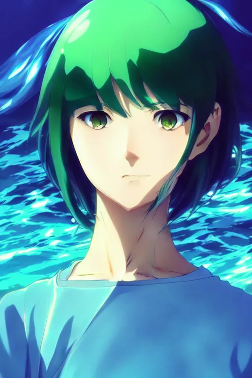 Image similar to makoto shinkai, artgerm, ilya kuvshinov, beautiful anime women with green dress, long blue hair, water powers water swirling, symmetrical face, symmetrical eyes, detailed, beach setting, cinematic lighting