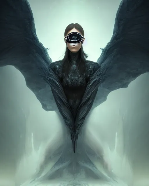 Image similar to fantasy portrait of a dark angel with a blindfold on his eyes!!, highly detailed, moist foggy, abstract dragons around in a intricate background, complex 3 d render by ilya kuvshinov, peter mohrbacher. unreal engine, blender, octane, ray tracing. sharp focus, masterpiece, post processing, deviantart