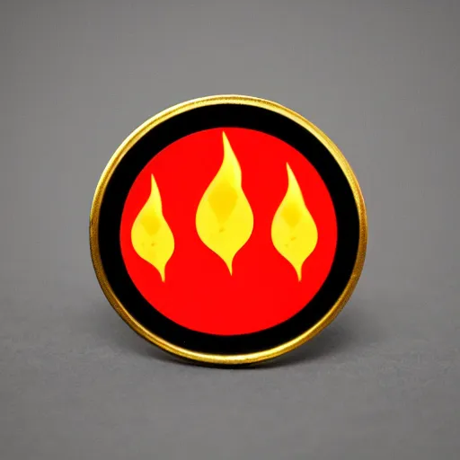 Prompt: an award winning photograph of a vintage 1 9 7 0 s minimalistic clean fire flames warning label enamel pin, beautiful cinematic light, behance