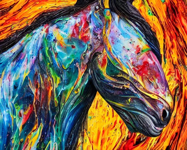 Image similar to still shot close up footage of the portrait of a horse head explodes and disintegrates into acrylic pour and splashing paint, motion blur, hyperrealistic, medical, intricate art photography, anatomically correct, realistic crisp textures, 1 6 k