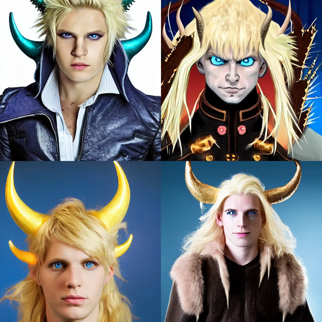 Prompt: a blond young man with luminescent glittering blue eyes and demon horns and a spiked tail.