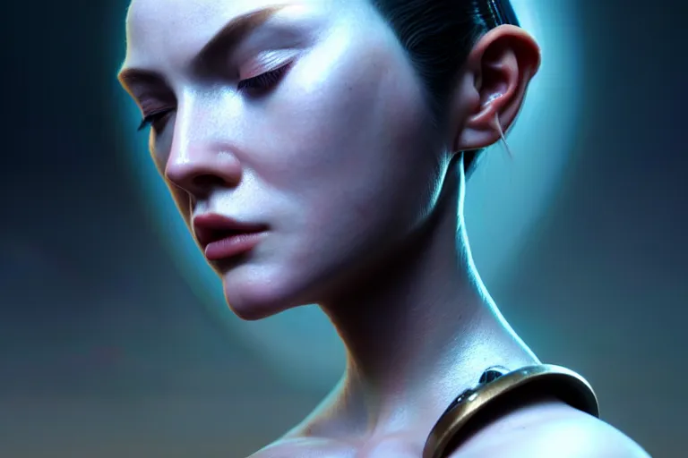 Image similar to ultra realistic, beautiful cyborg woman, eyes closed, sci-fi, fantasy, mythical, intricate, elegant, highly detailed, digital painting, octane render, substance painter, zbrush, artstation, concept art, smooth, sharp focus, eerie, illustration, 8k, HD, art by artgerm and greg rutkowski and raphael