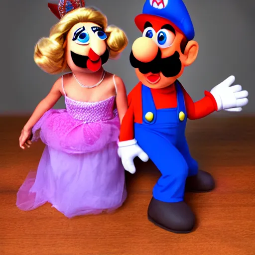 Prompt: A full body still of Mario and Princess Peach as muppets, photo real, photographic, photograph, artstation, trending, award winning, epic lighting, featured