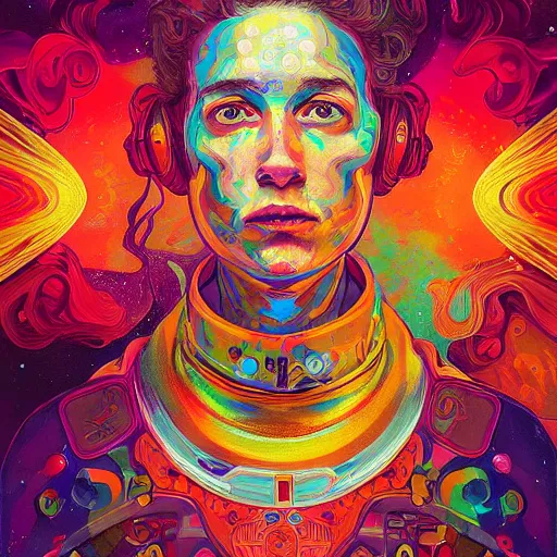 Image similar to An extremely psychedelic experience, colorful, surreal, dramatic lighting, cosmonaut, LSD, face, detailed, intricate, elegant, highly detailed, digital painting, artstation, concept art, smooth, sharp focus, illustration, art by Sam Spratt, Dan Mumford, Artem Demura and Alphonse Mucha