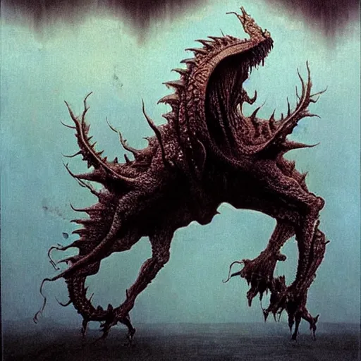 Image similar to aether, the empowering dragon beksinski, eldritch, apocalypse, creepy creature, horror spooky